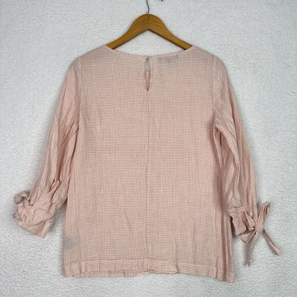 Lafayette 148 Linen Gingham Blouse Women’s Small Peach Check 3/4 Sleeve Bow Cuff - Picture 6 of 10